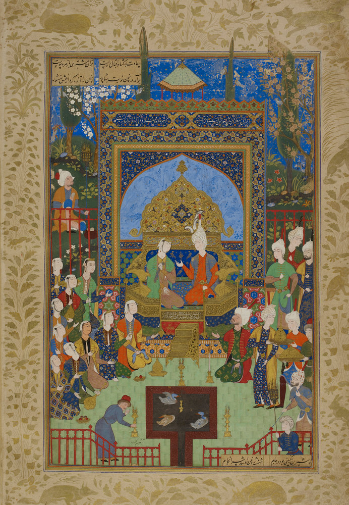 Khusraw and Shirin listening to stories told by Shīrīn’s maidens by Āqā Mīrak
