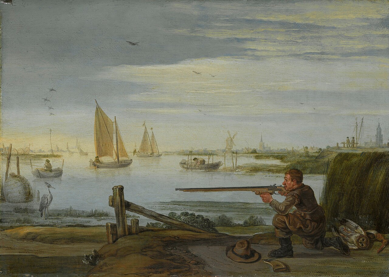 A bird hunter on a riverbank by Arent Arentsz