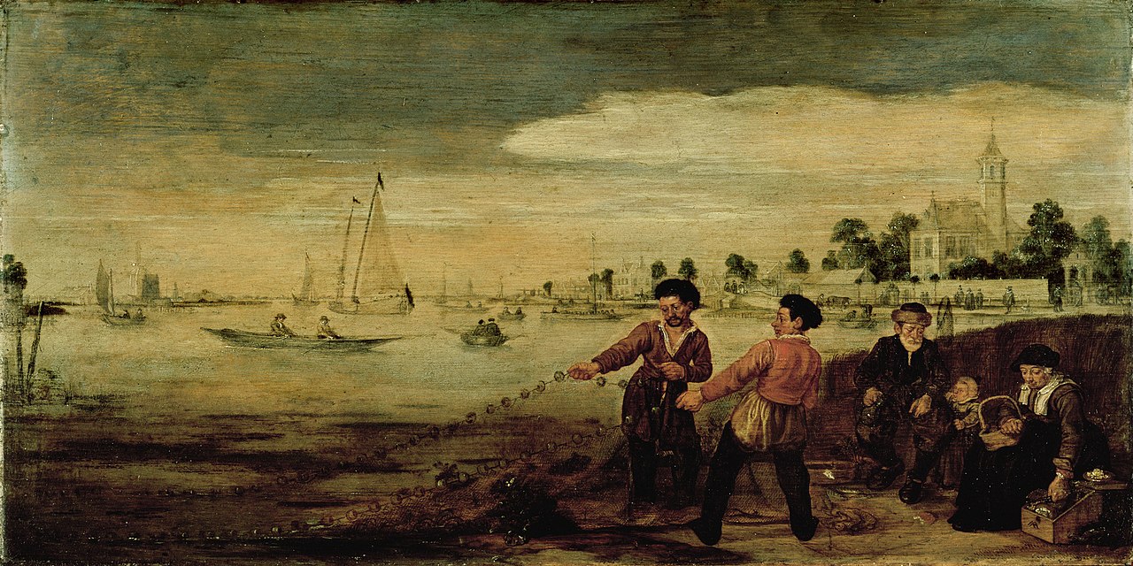 Fisherman on the bank of the Amstel near the Pauwentuin, Amsterdam by Arent Arentsz