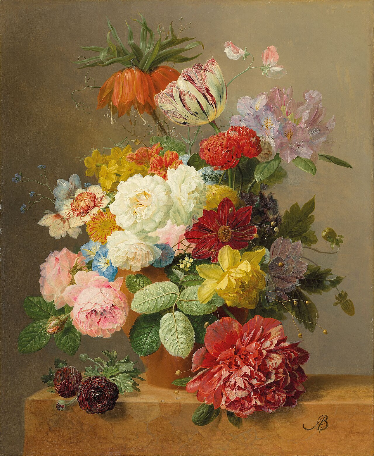 Still life with roses, peonies, tulips, narcissi, convulvulus by Arnoldus Bloemers