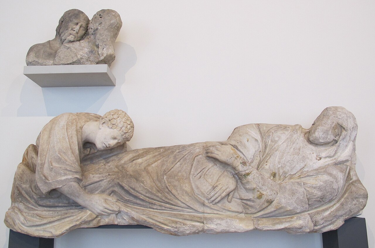Dormition of the Virgin and double bust of two apostles by Arnolfo di Cambio