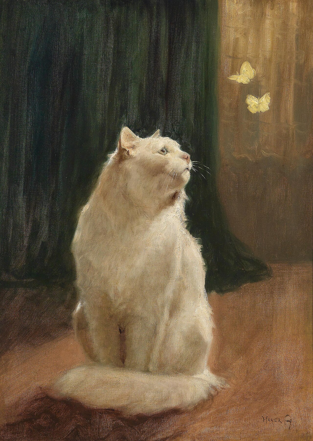 White Cat and two Brimstone Butterflies by Arthur Heyer