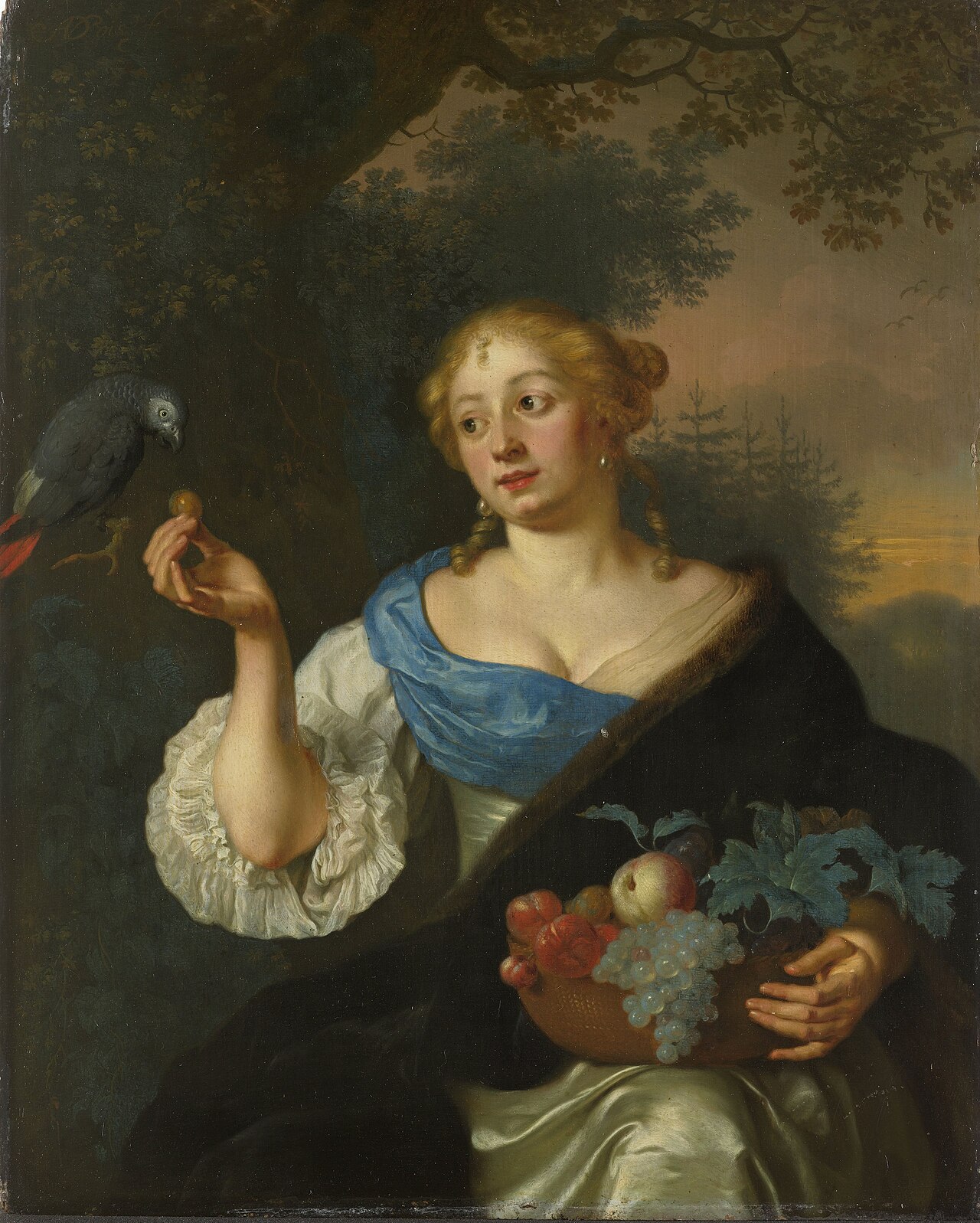 A young woman with a parrot by Ary de Vois