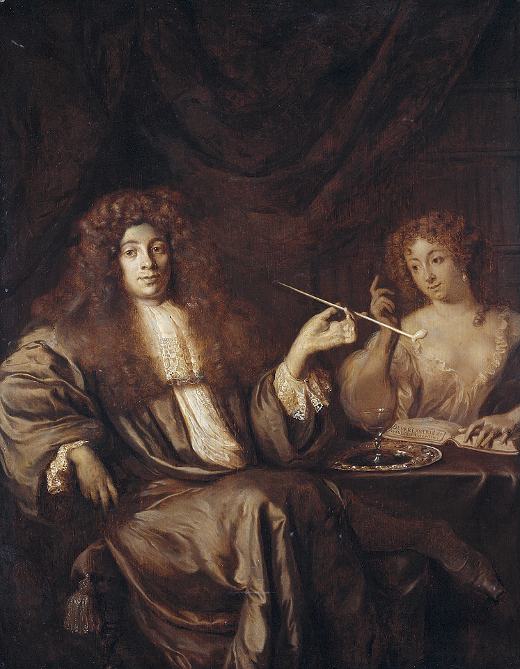 Portrait of Adriaan van Veverland (1651-ca.1712), writer of theological works and satires, with a wanton woman by Ary de Vois