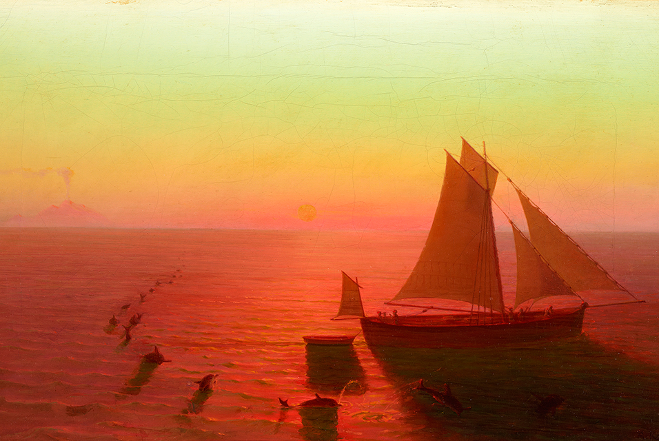 A Ship on the Sea surrounded by delphins by August Kopisch