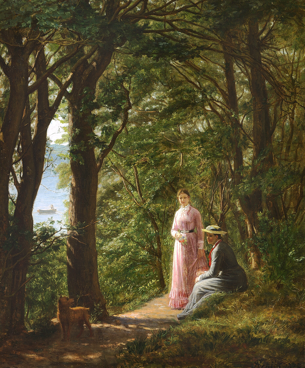 Two women and a dog on a path in the woods with a view of the sea on a summer day. by August Schiøtt