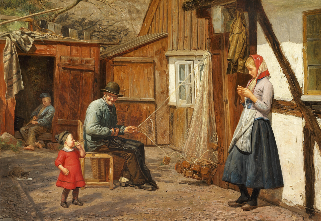 Young girl talking to a fisherman who is mending nets. by August Schiøtt