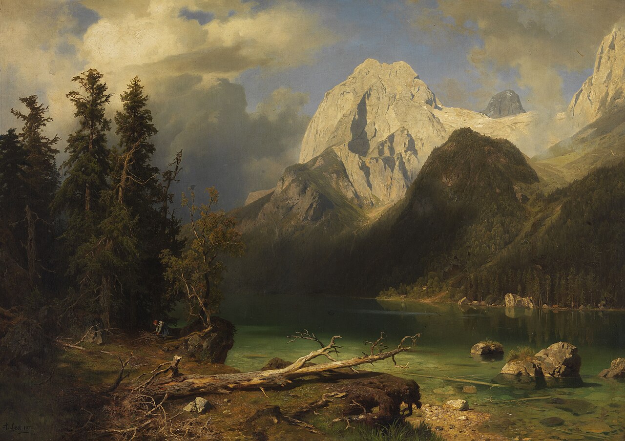 Mountain lake with a mountain range in the background by August Wilhelm Leu