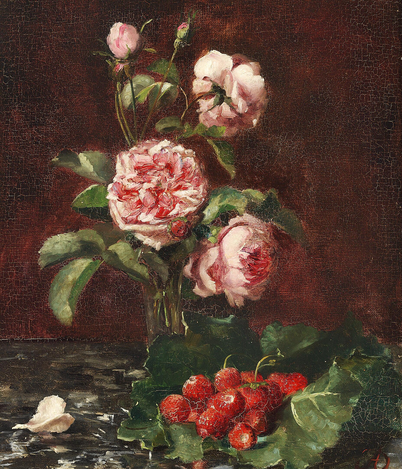 Roses and strawberries on a rhubarb leaf. by Augusta Dohlmann