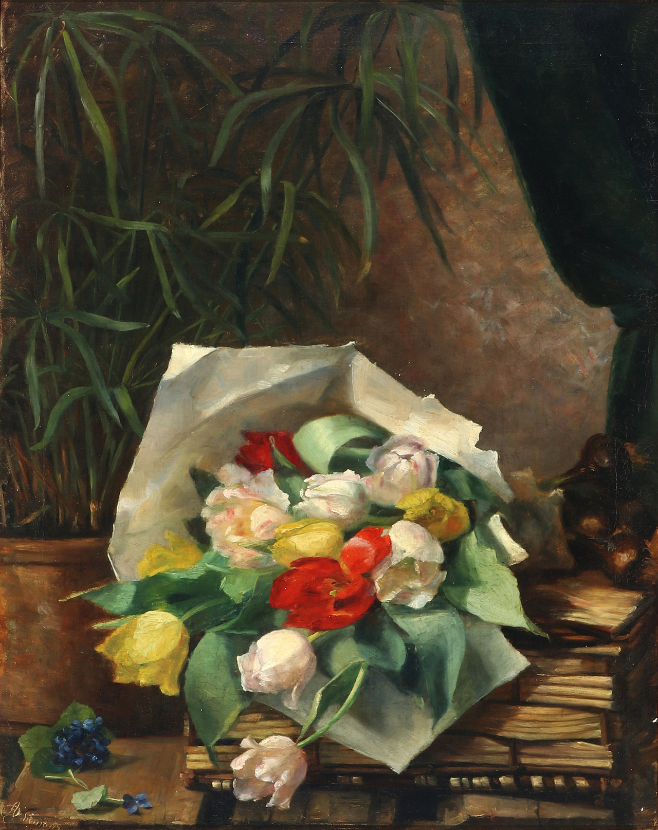 Still-life with colourful tulips on a table. by Augusta Dohlmann