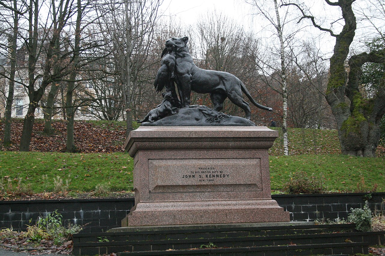 Cubs and Peacock, Statue of Tigress, Kelvingrove Park, Glasgow by Auguste Cain
