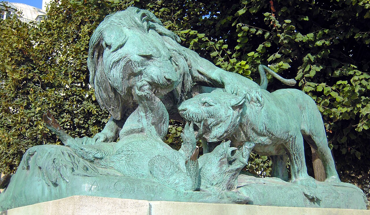 Lion and Lioness Fighting over a Boar by Auguste Cain