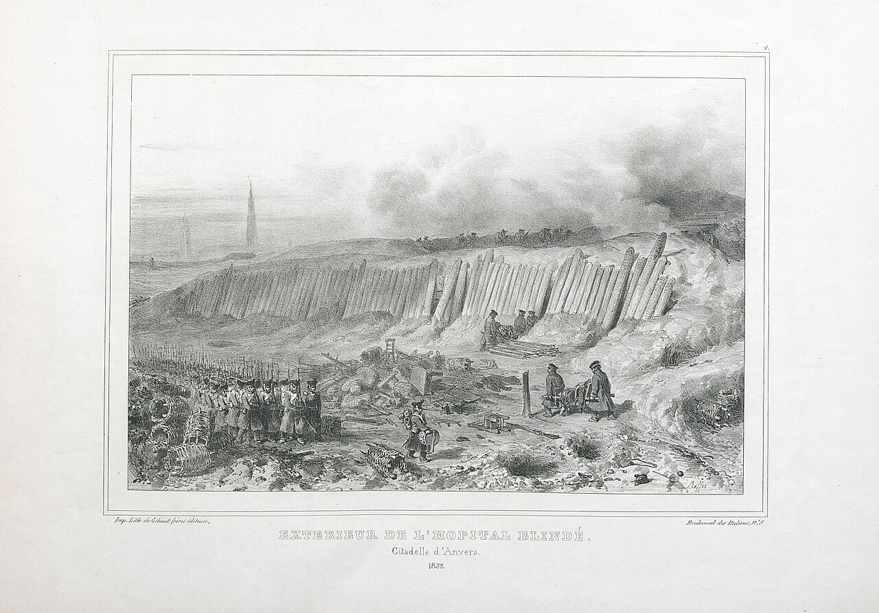 Buiten het afgeschermde hospitaal bij de Citadel van Antwerpen in 1832. by Auguste Raffet