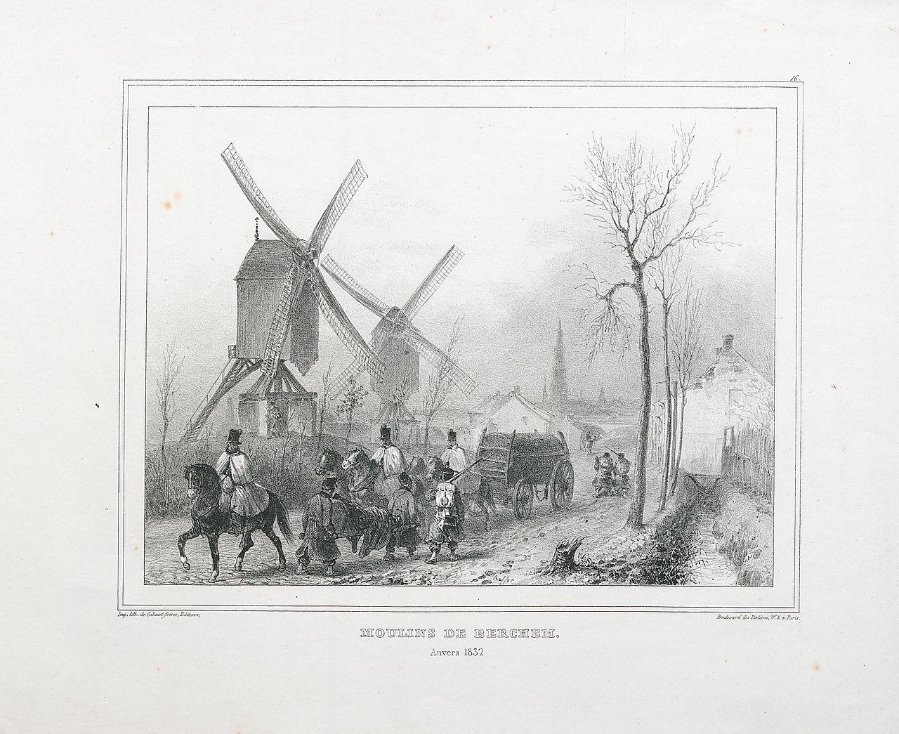 Landschap te Berchem met molens en soldaten by Auguste Raffet