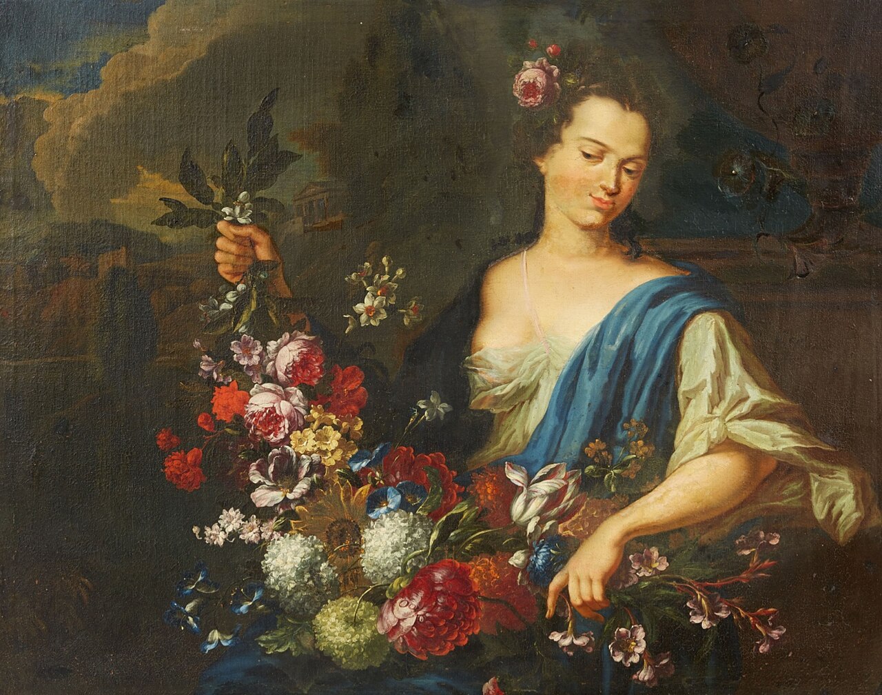 Young woman with flower garland by Augustinus Terwesten