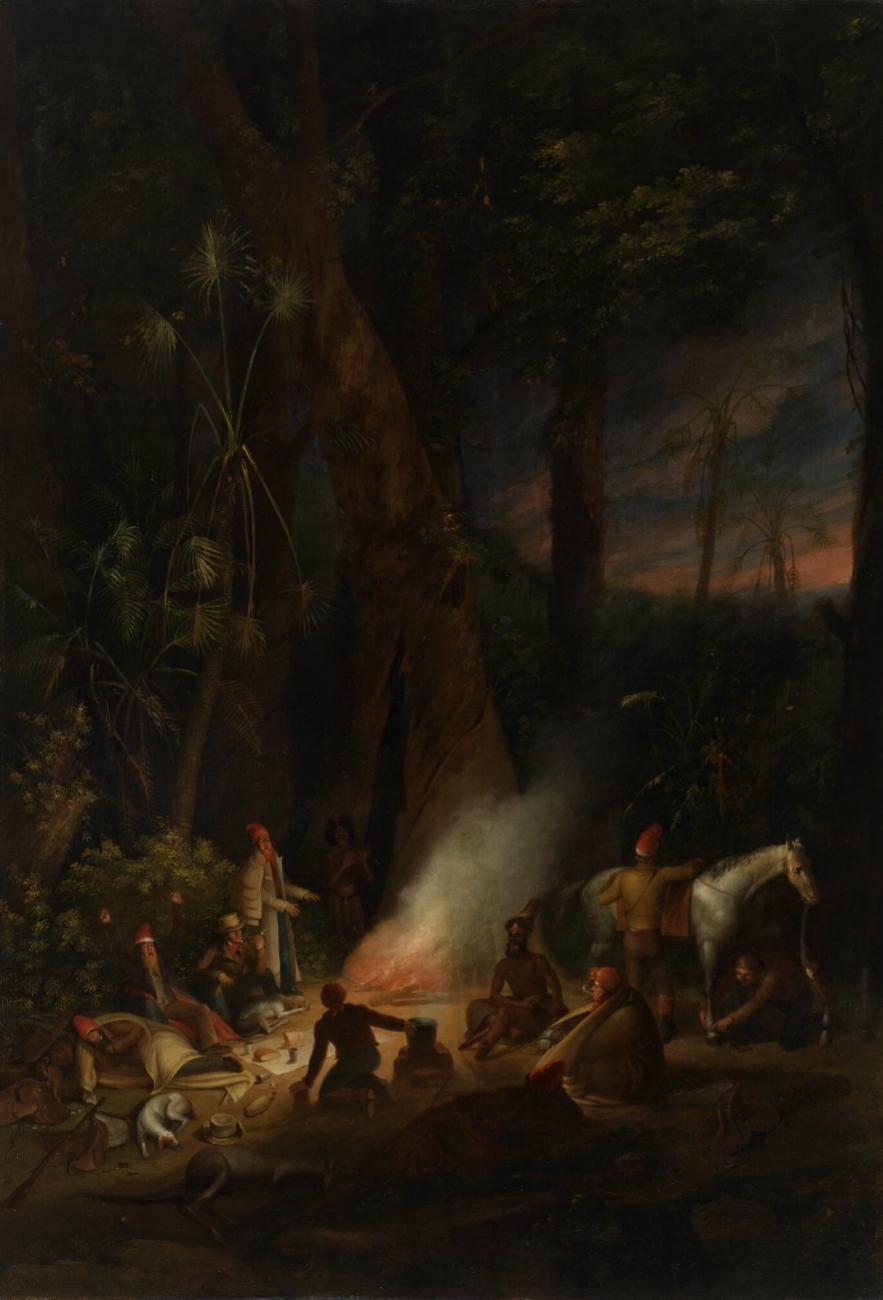 A bivouac of travellers in Australia in a cabbage-tree forest, day break by Augustus Earle