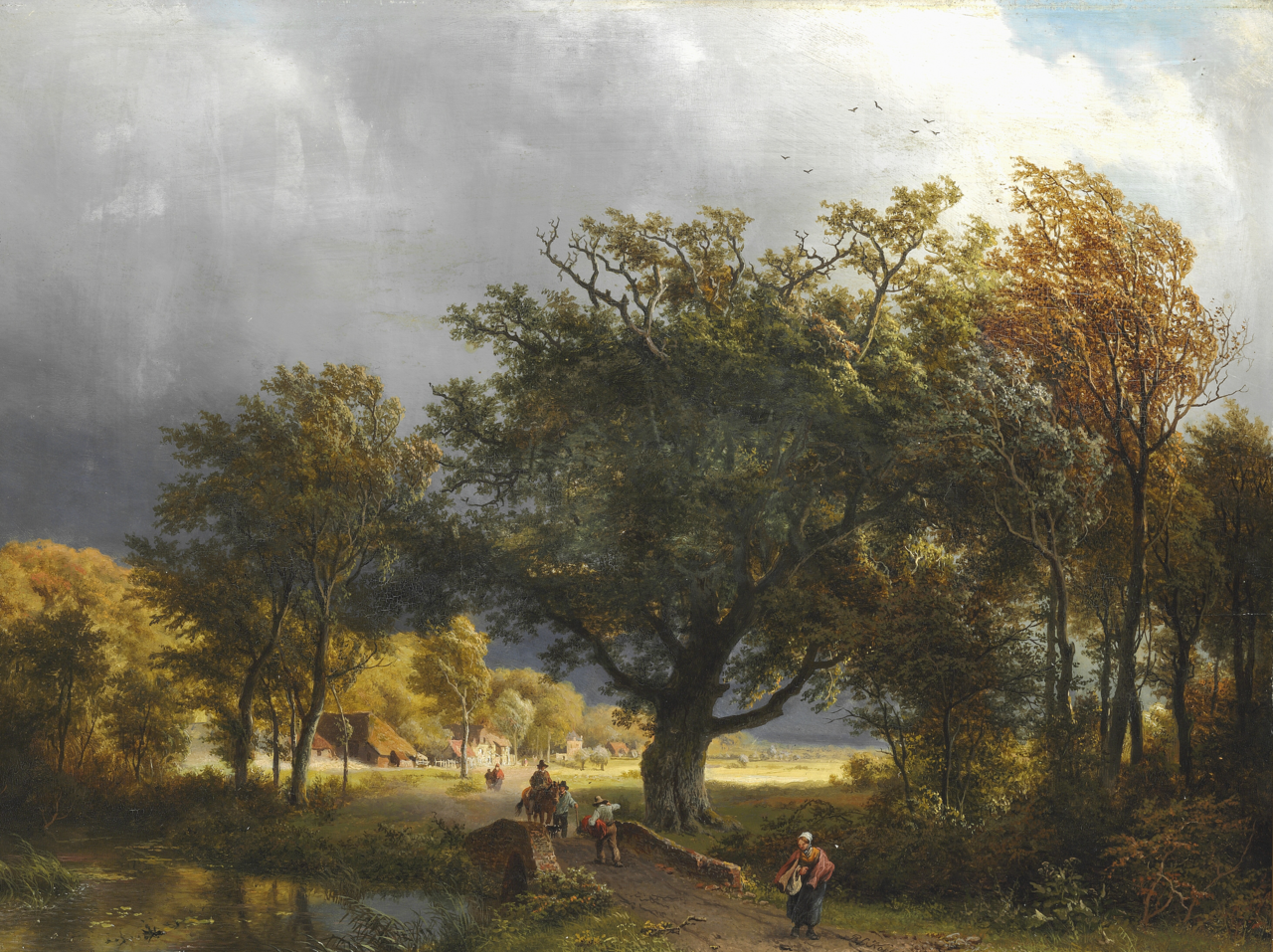 A summer landscape with travellers on a forest road by Barend Cornelis Koekkoek