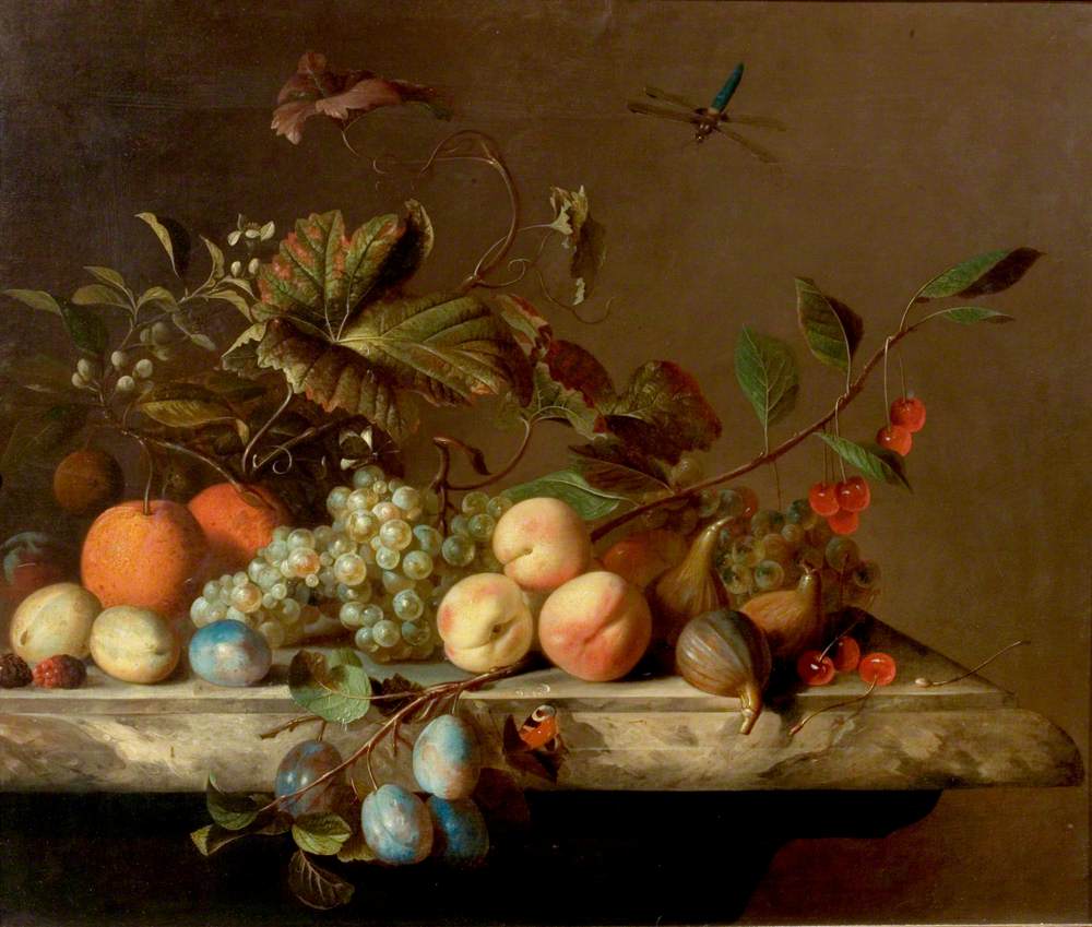 Fruit Piece with Dragonfly by Barend van der Meer