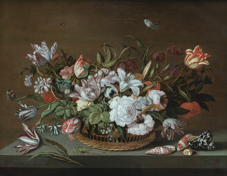 Flowers in a Basket on a Ledge with Shells by Bartholomeus Assteyn