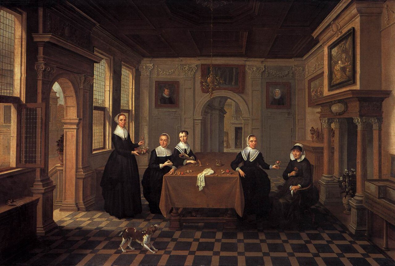 Five ladies in an interior by Bartholomeus van Bassen