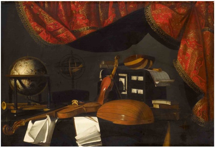 A still life with musical instruments and a globe on a table, a curtain behind by Bartolomeo Bettera