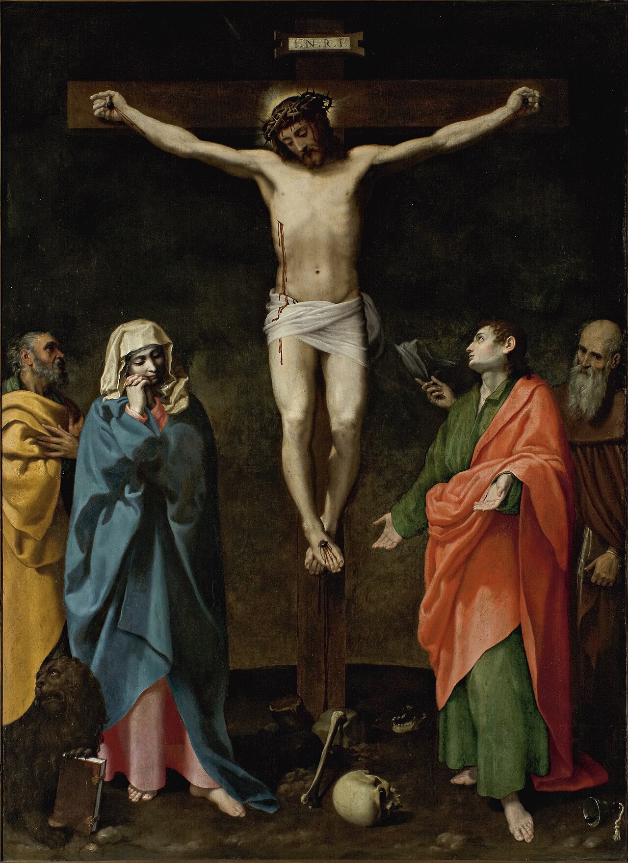 The Crucifixion of Christ, with the Virgin, Saint John the Evangelist, Saint Mark and Saint Anthony the Abbot by Bartolomeo Cesi