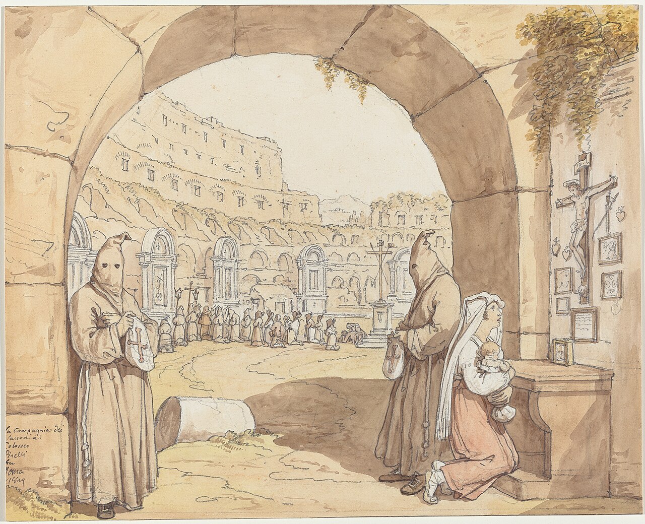 La Compagnia dei sacconi al Colosseo (Penitents Praying at Altars in the Colosseum) by Bartolomeo Pinelli