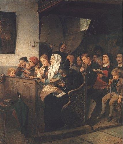 Village church with worshippers by Benjamin Vautier