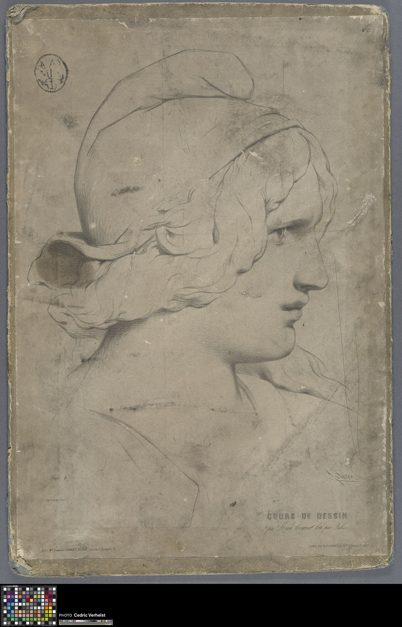 recto: Academic print of a woman wearing a Phrygian cap, verso: Academic print of an ornament study by Bernard-Romain Julien
