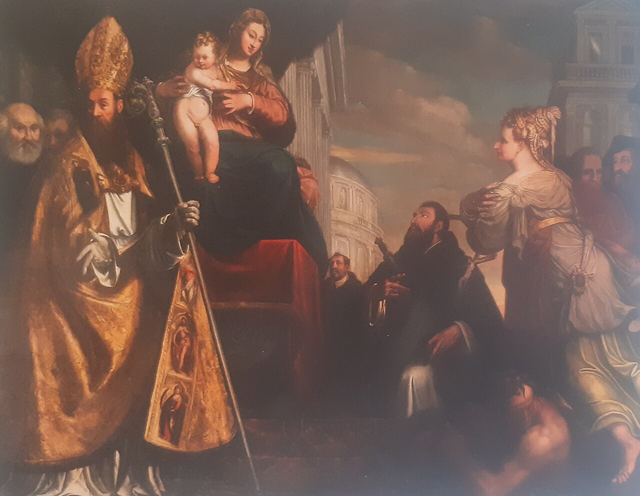 Madonna col Bambino in trono tra i santi Zeno e Pietro martire nell'atto di ricevere l'omaggio della città di Verona by Bernardino India