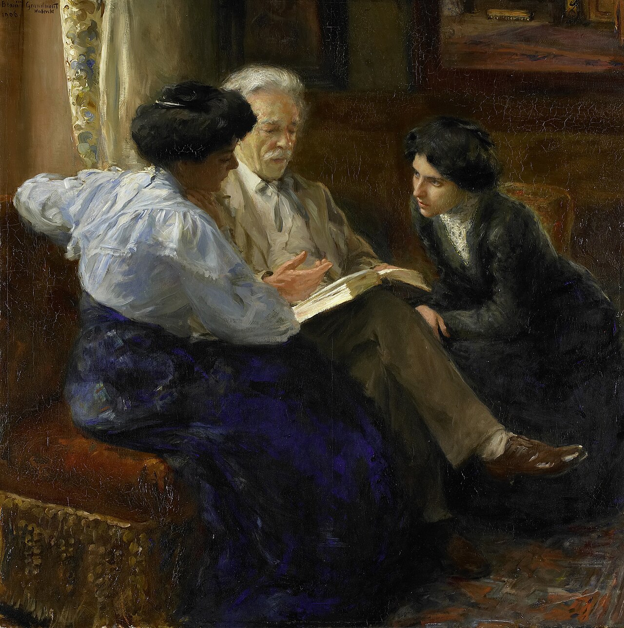 Alphons Marie Antoine Joseph Grandmont (1837-1909), the Artist's second husband, Tutoring two Italian Girls by Bramine Hubrecht