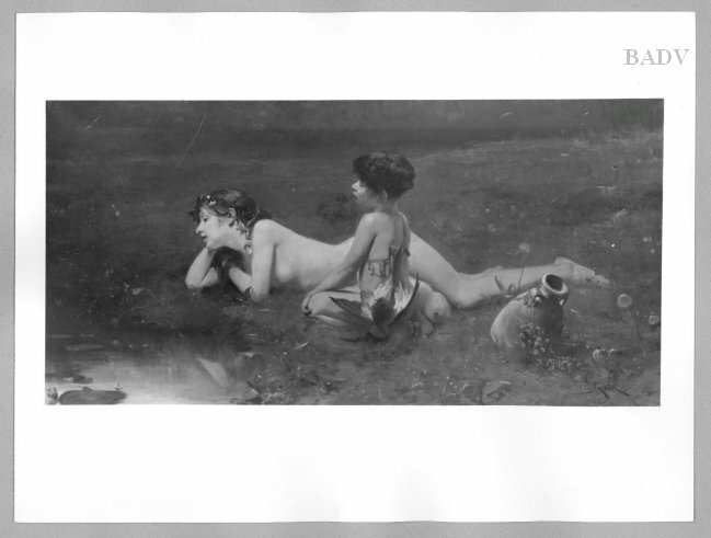 Resting naked girl and little boy at lake shore by Bruno Piglhein