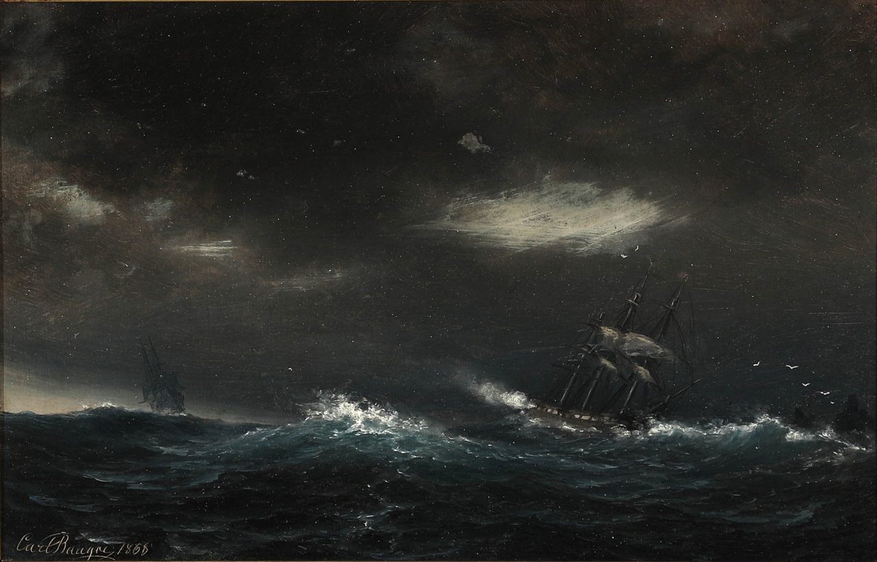 Sailing ships at high sea. by Carl Baagøe