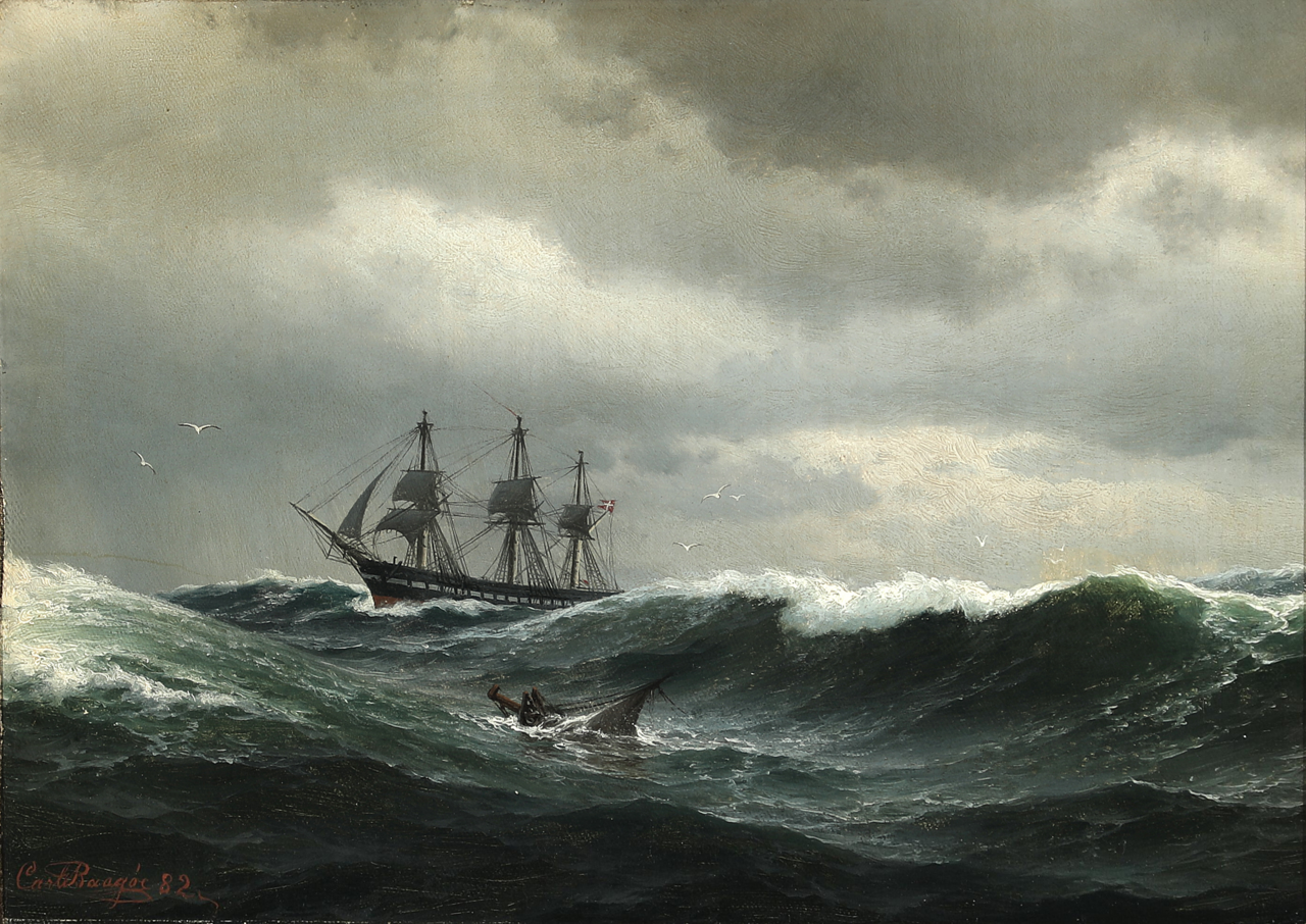 Seascape with sailing ships in distress. by Carl Baagøe
