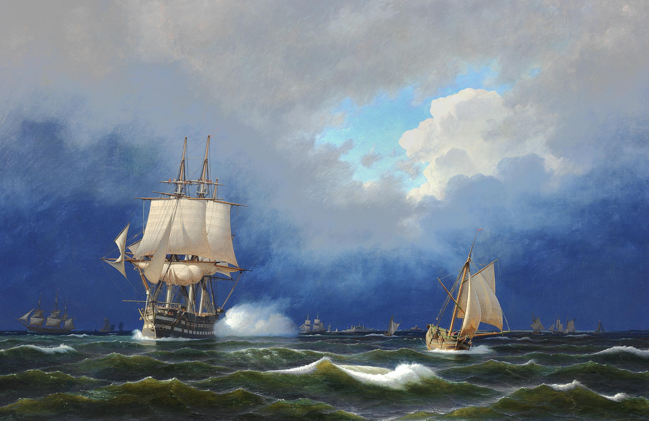 The ship of the line ”Frederik den Sjette“ in a gale. by Carl Dahl