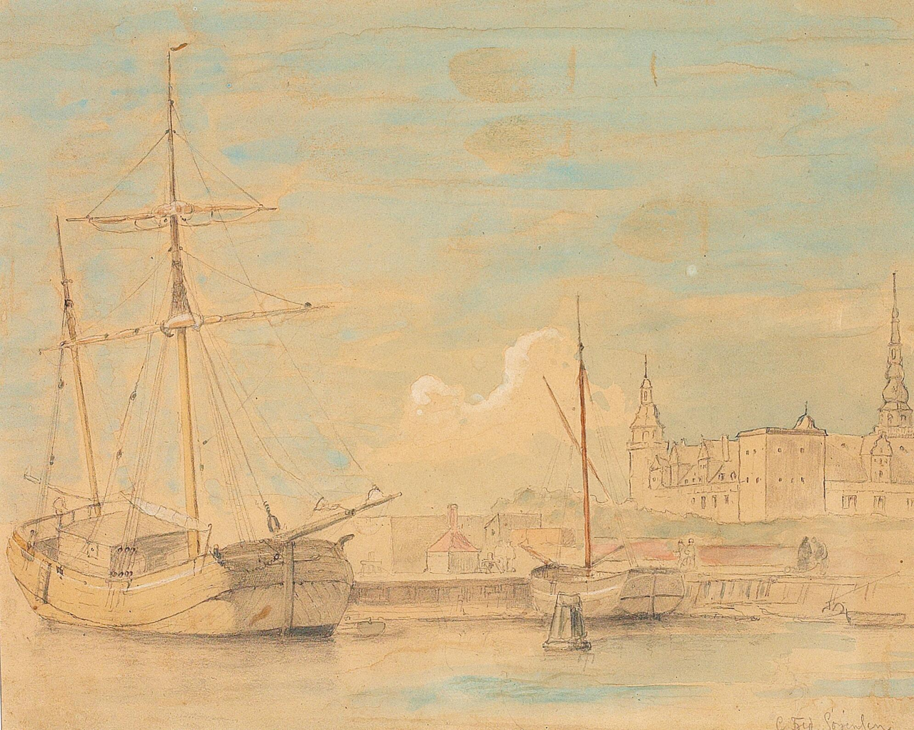 Boats at a jetty near Kronborg. by Carl Frederik Sørensen