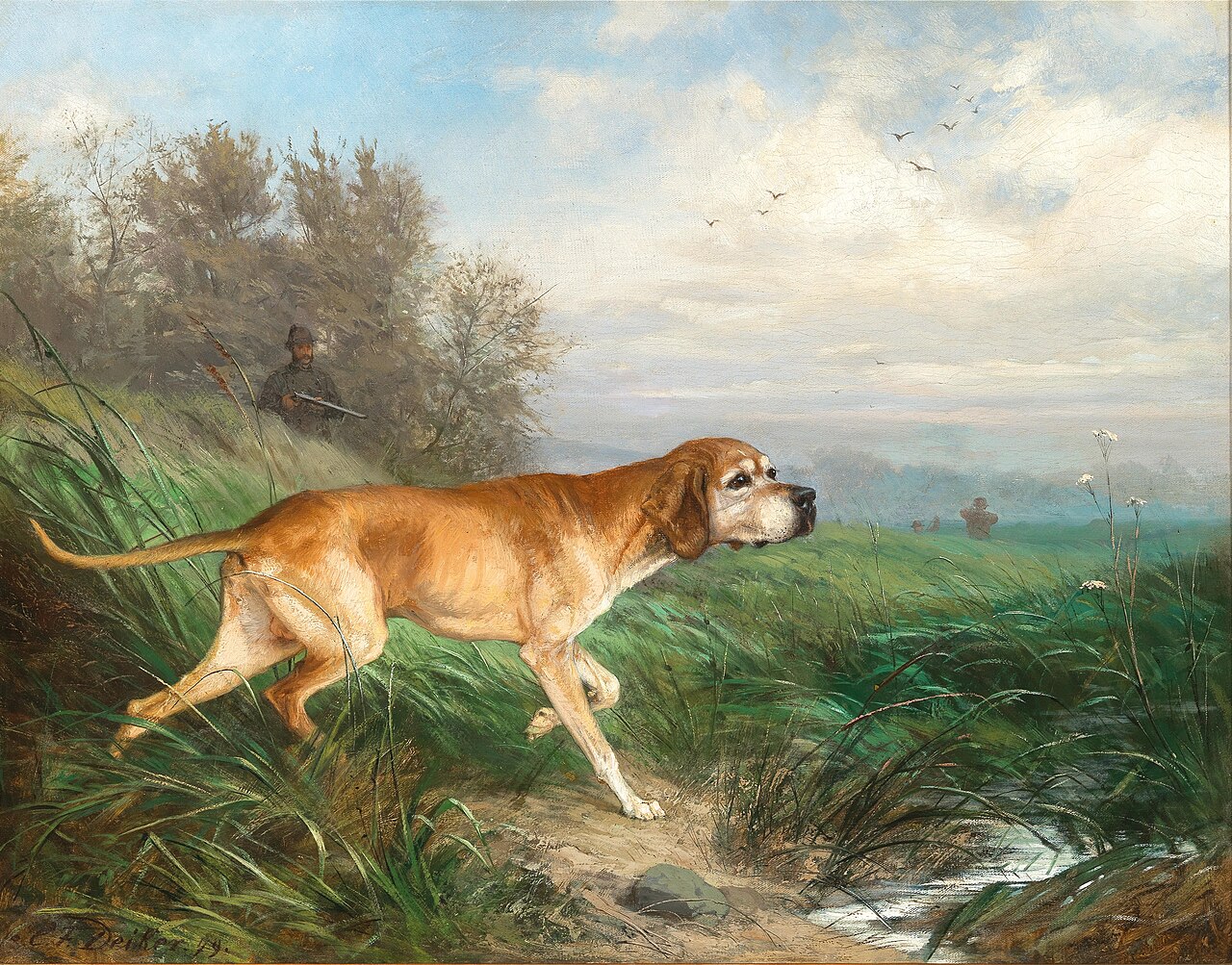 A Pointing Dog, in the Background a Hunter at the Edge of the Woods by Carl Friedrich Deiker