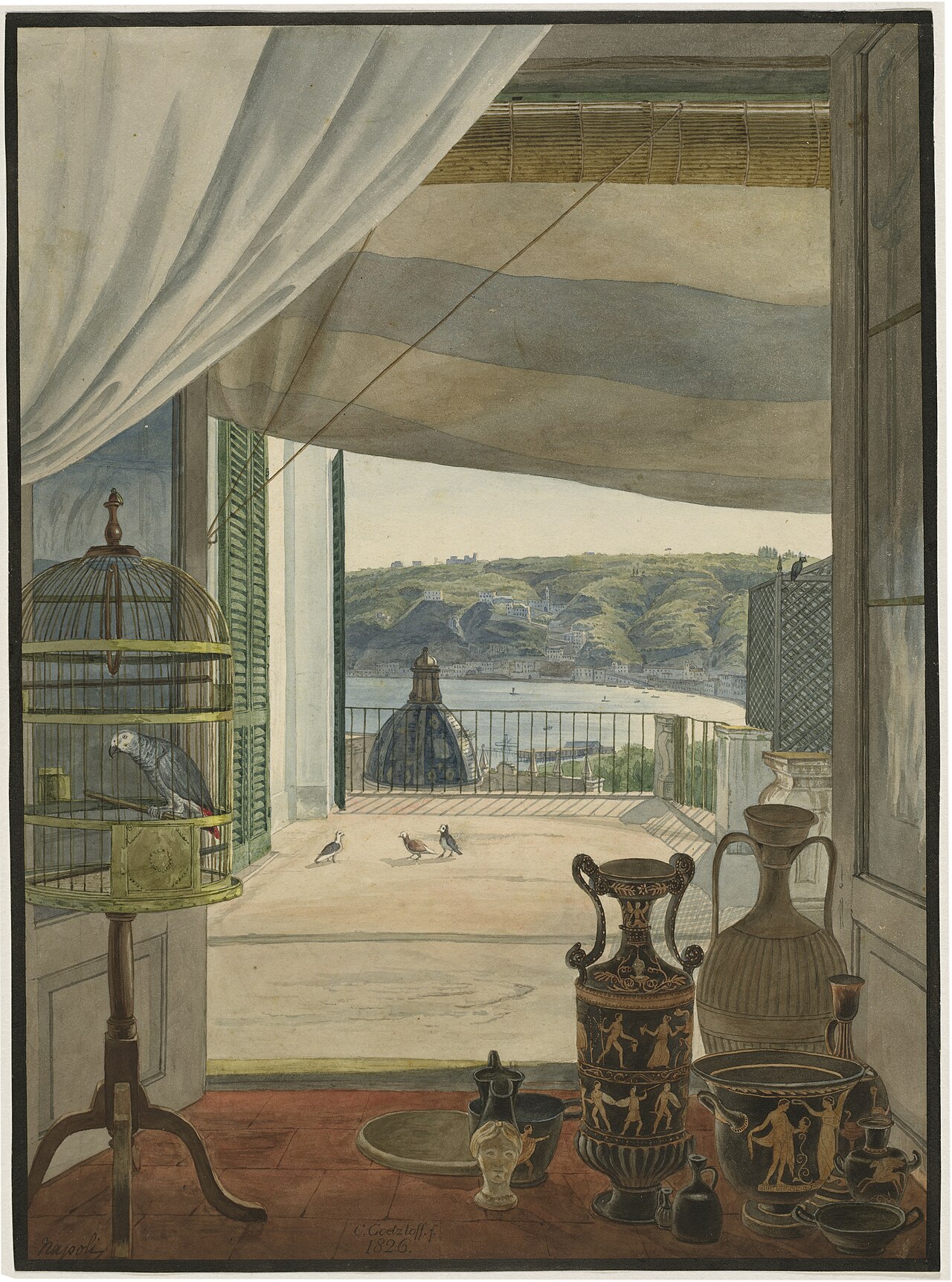 Antiquities by a Balcony Overlooking the Gulf of Naples by Carl Götzloff