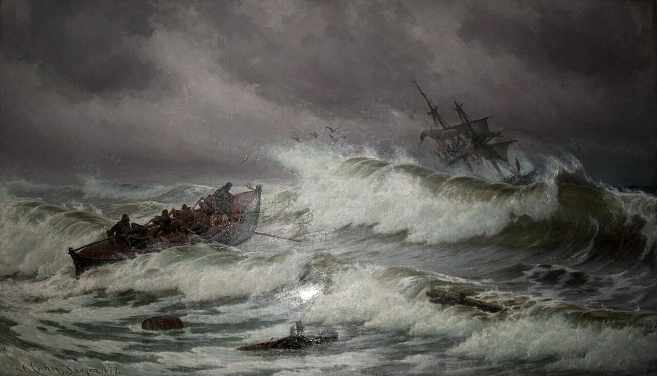 The lifeboat heading out, fierce storm. by Carl Locher