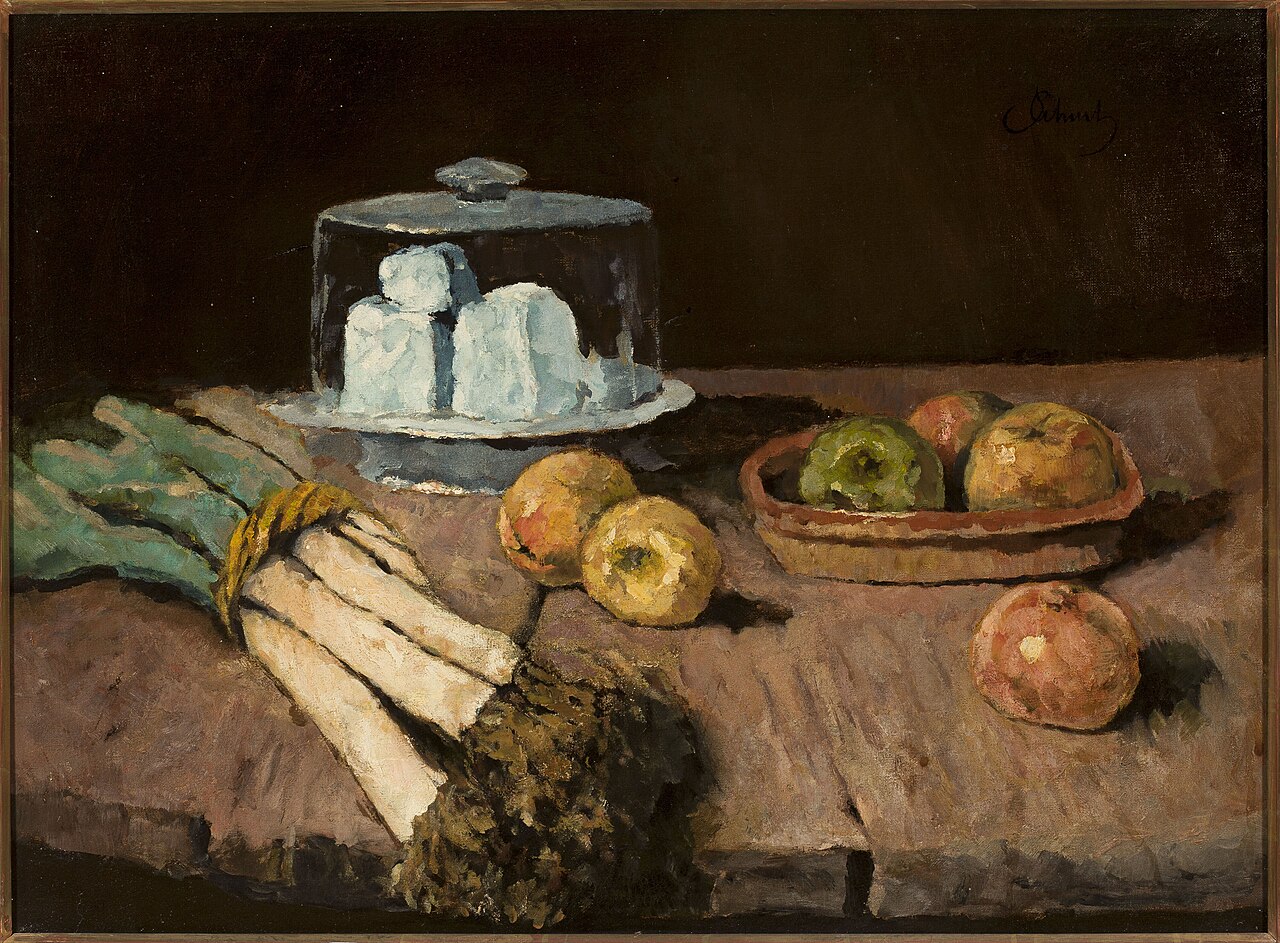Still life with leeks, cheese and apples by Carl Schuch