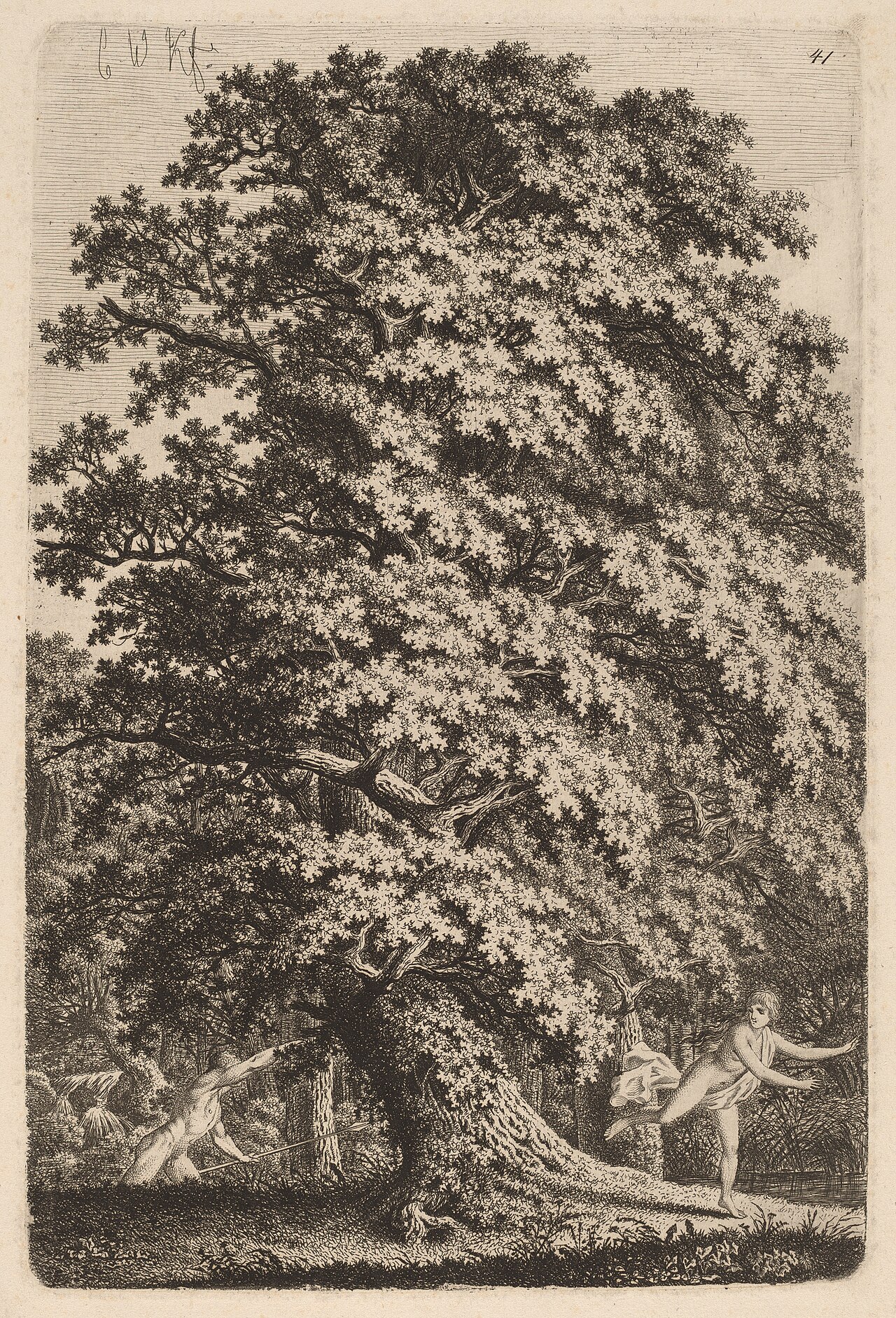 A Large Oak Tree in Gehölz. A Young Man with a Spear Follows a Young Girl. by Carl Wilhelm Kolbe