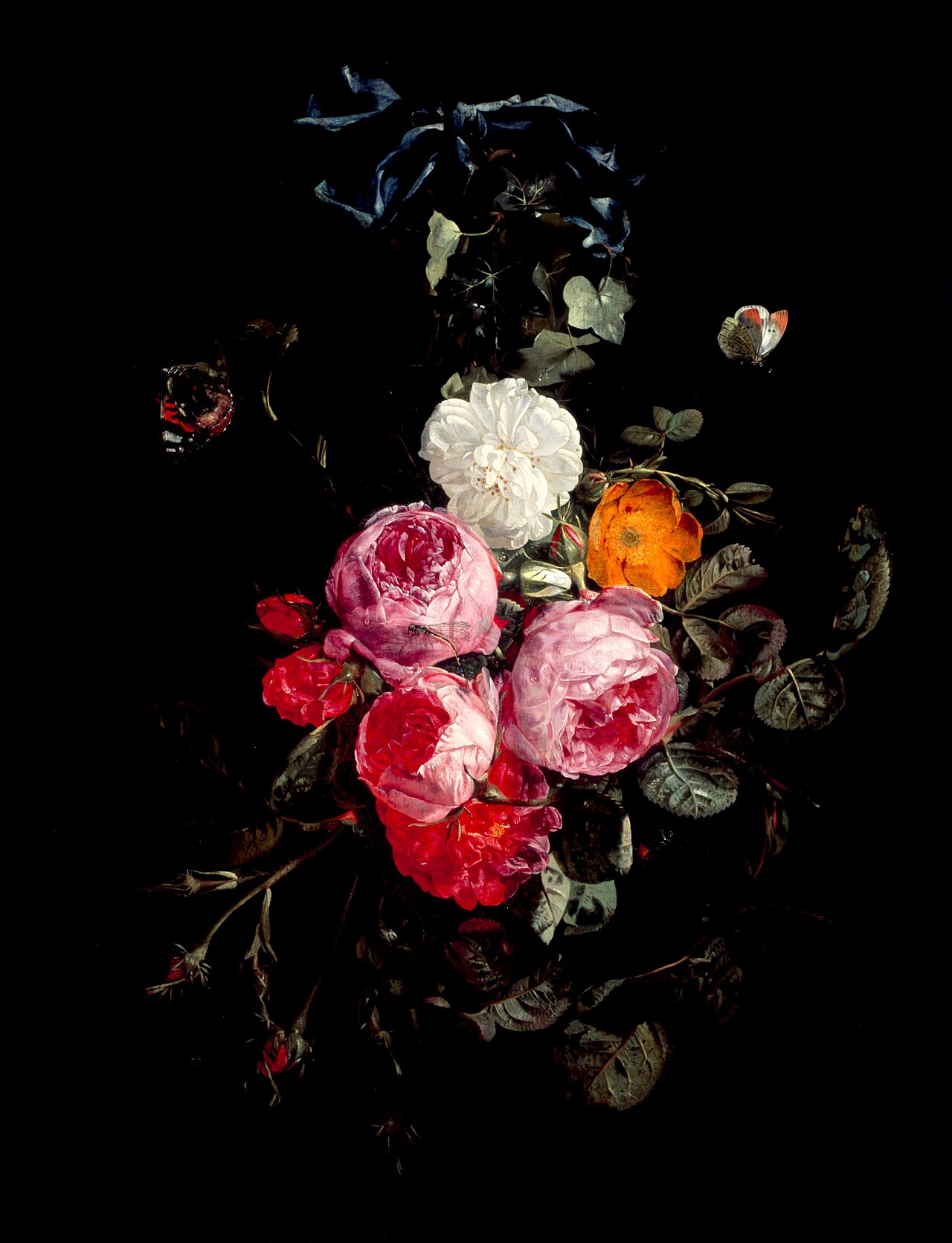 A Festoon of Roses hanging from a Blue Ribbon, with Butterflies and Insects by Carstian Luyckx