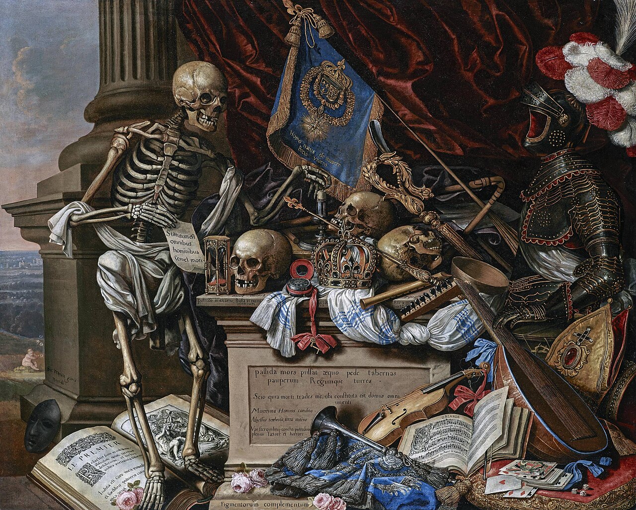Vanitas Still Life with Musical Instruments, Sheet Music, Books, a Skeleton, Skulls and Armour by Carstian Luyckx