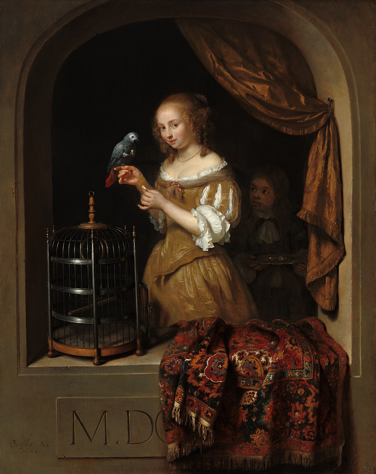 A Woman Feeding a Parrot, with a Page by Caspar Netscher