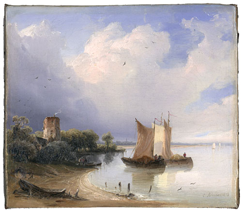 River landscape with two sailboats and a round tower on this shore by Caspar Scheuren