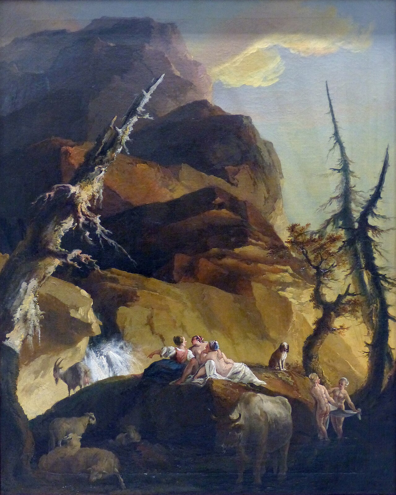 Bathers near a mountain waterfall by Caspar Wolf
