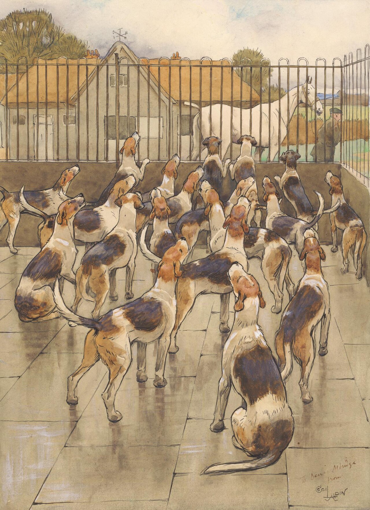 'The Hounds Began Suddenly to Howl in Chorus' by Cecil Aldin