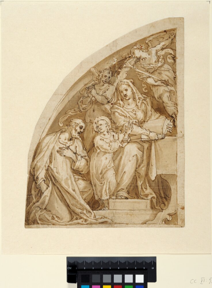 Joseph, Mary and Christ. Model for lunette in Cappella Sistina (del Presepe) in S. M. Maggiore, Rome by Cesare Nebbia