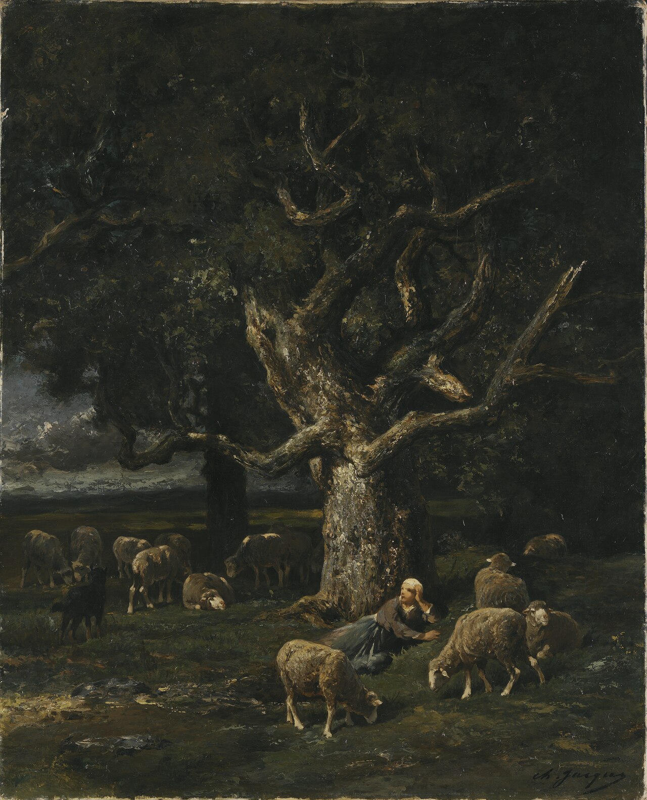 A Shepherdess and her Sheep by Charles Jacque