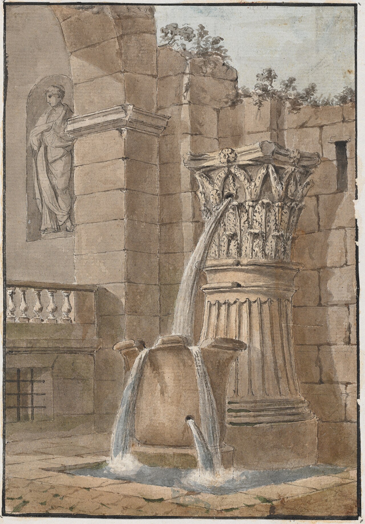 Fountain in a Courtyard by Charles-Louis Clérisseau